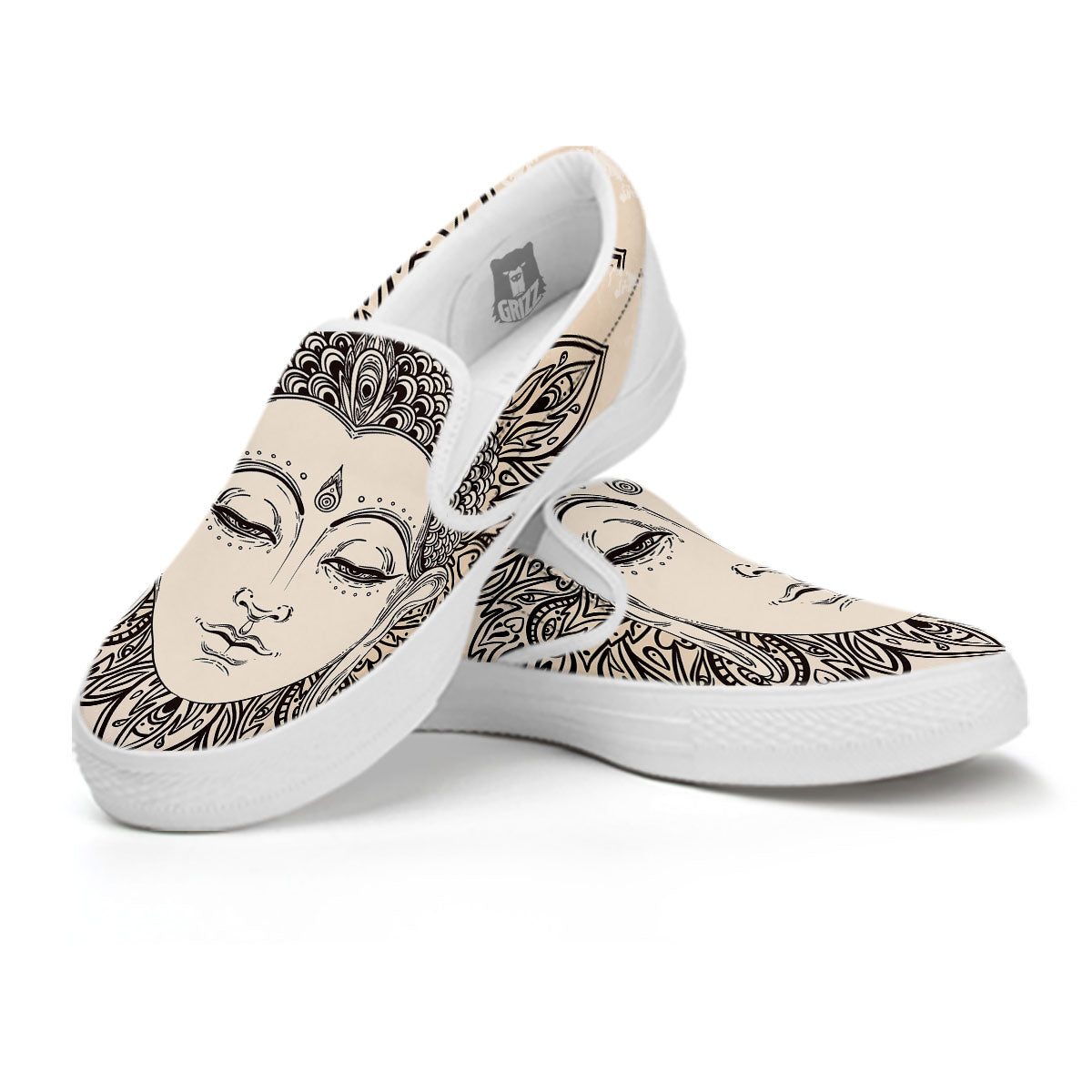 Mandala Buddha Beige Print White Slip On Shoes-grizzshop