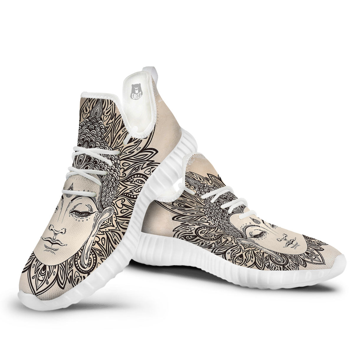 Mandala Buddha Beige Print White Walking Shoes-grizzshop