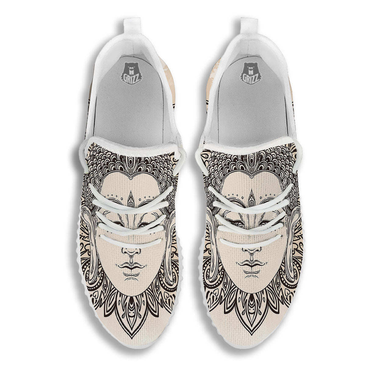 Mandala Buddha Beige Print White Walking Shoes-grizzshop