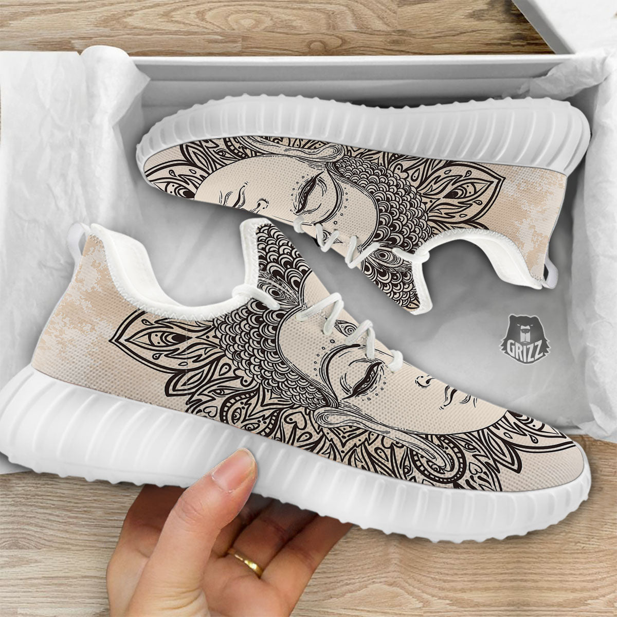 Mandala Buddha Beige Print White Walking Shoes-grizzshop