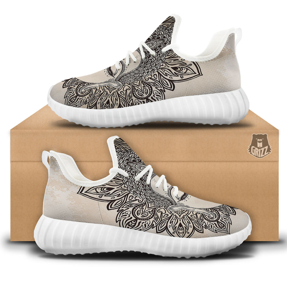 Mandala Buddha Beige Print White Walking Shoes-grizzshop