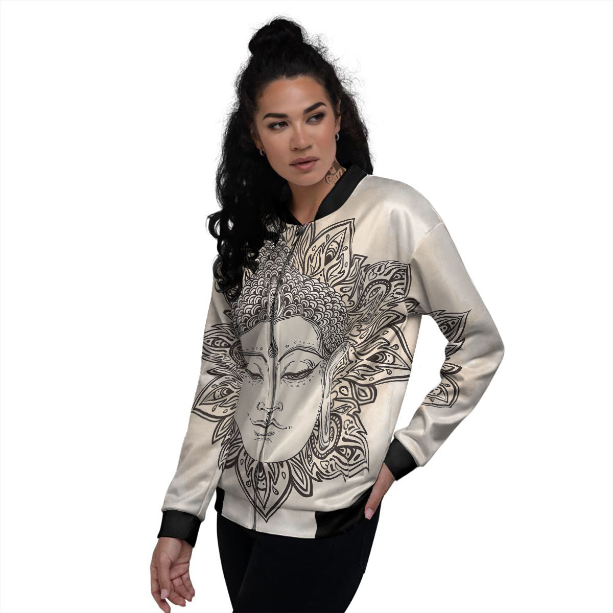 Mandala Buddha Beige Print Women's Bomber Jacket-grizzshop