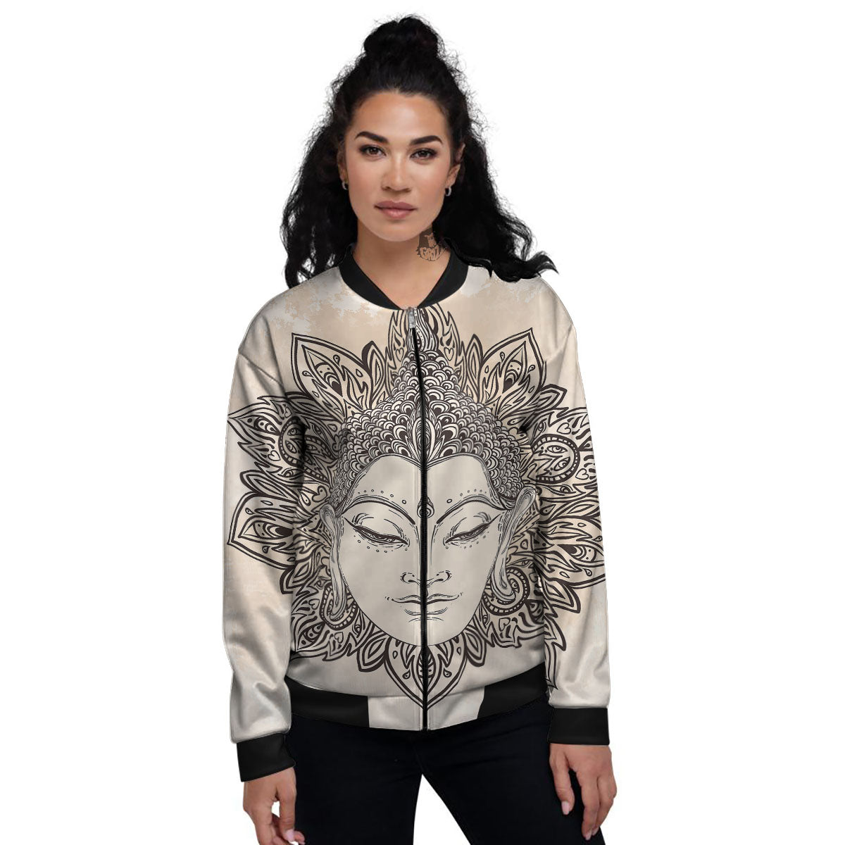 Mandala Buddha Beige Print Women's Bomber Jacket-grizzshop