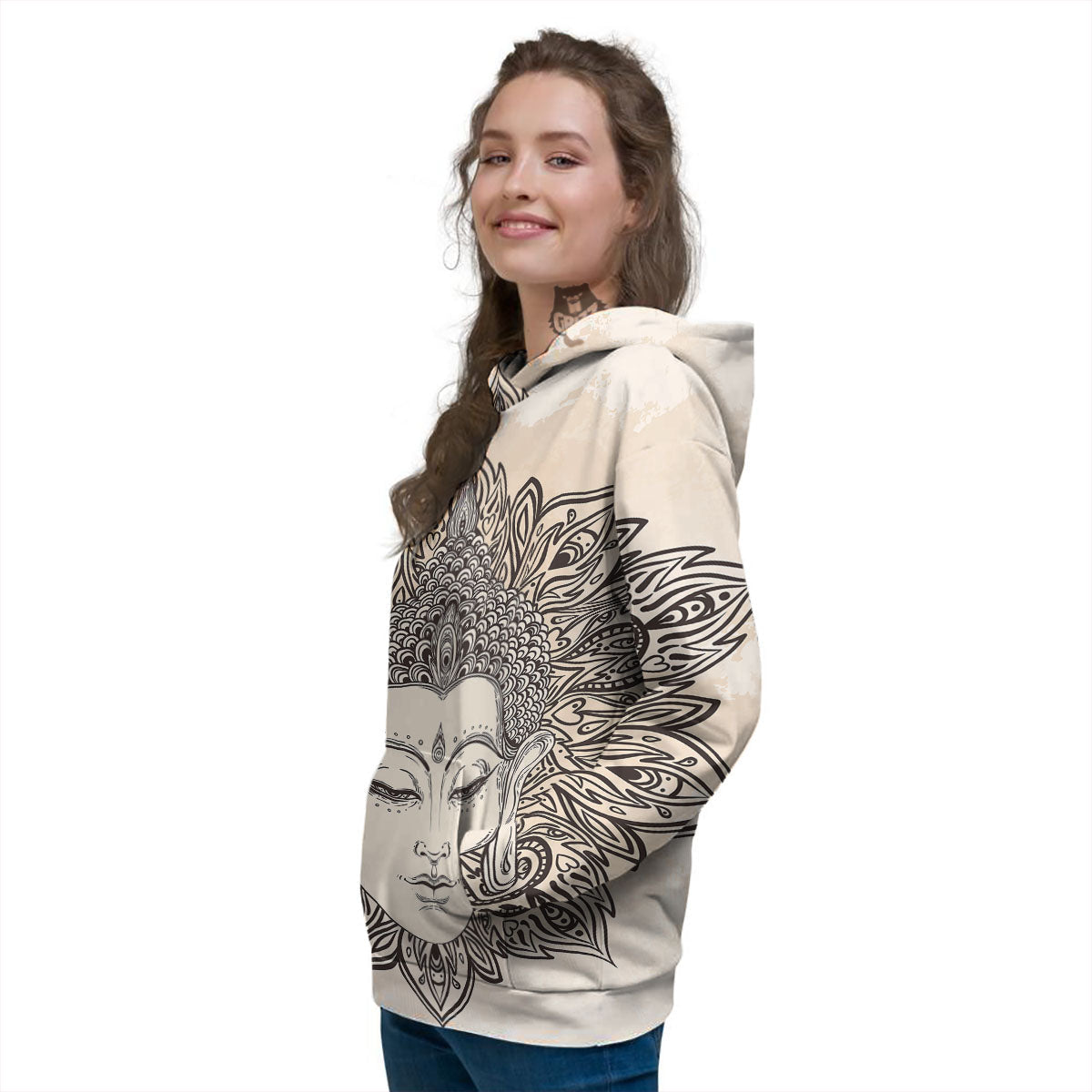 Mandala Buddha Beige Print Women's Hoodie-grizzshop