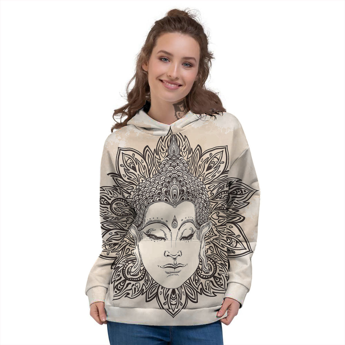 Mandala Buddha Beige Print Women's Hoodie-grizzshop