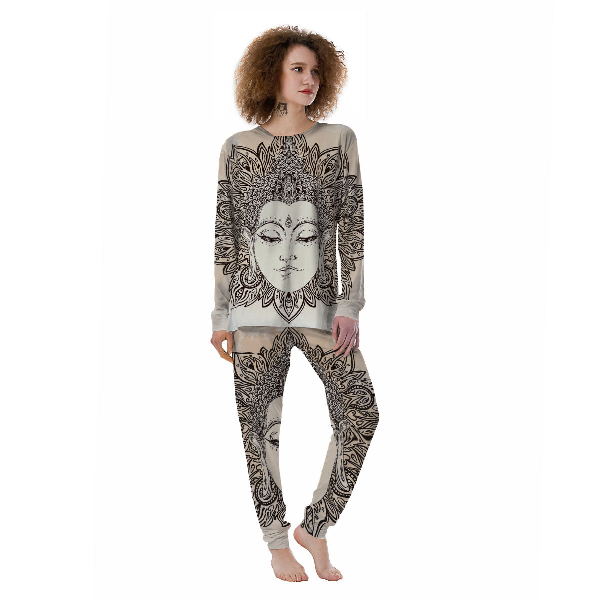 Mandala Buddha Beige Print Women's Pajamas-grizzshop