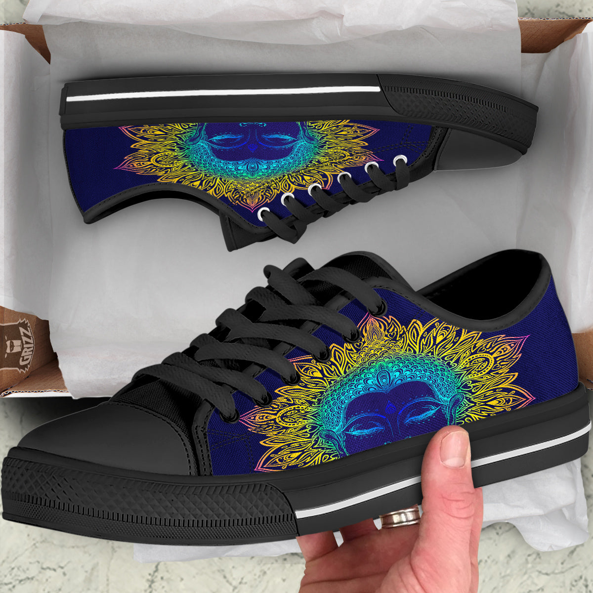 Mandala Buddha Colorful Print Black Low Top Shoes-grizzshop