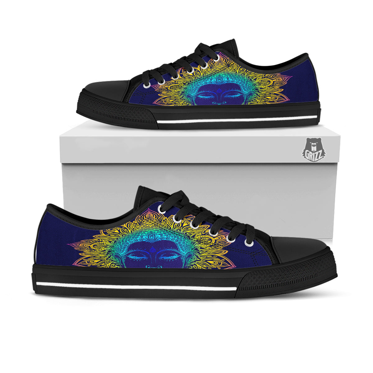 Mandala Buddha Colorful Print Black Low Top Shoes-grizzshop