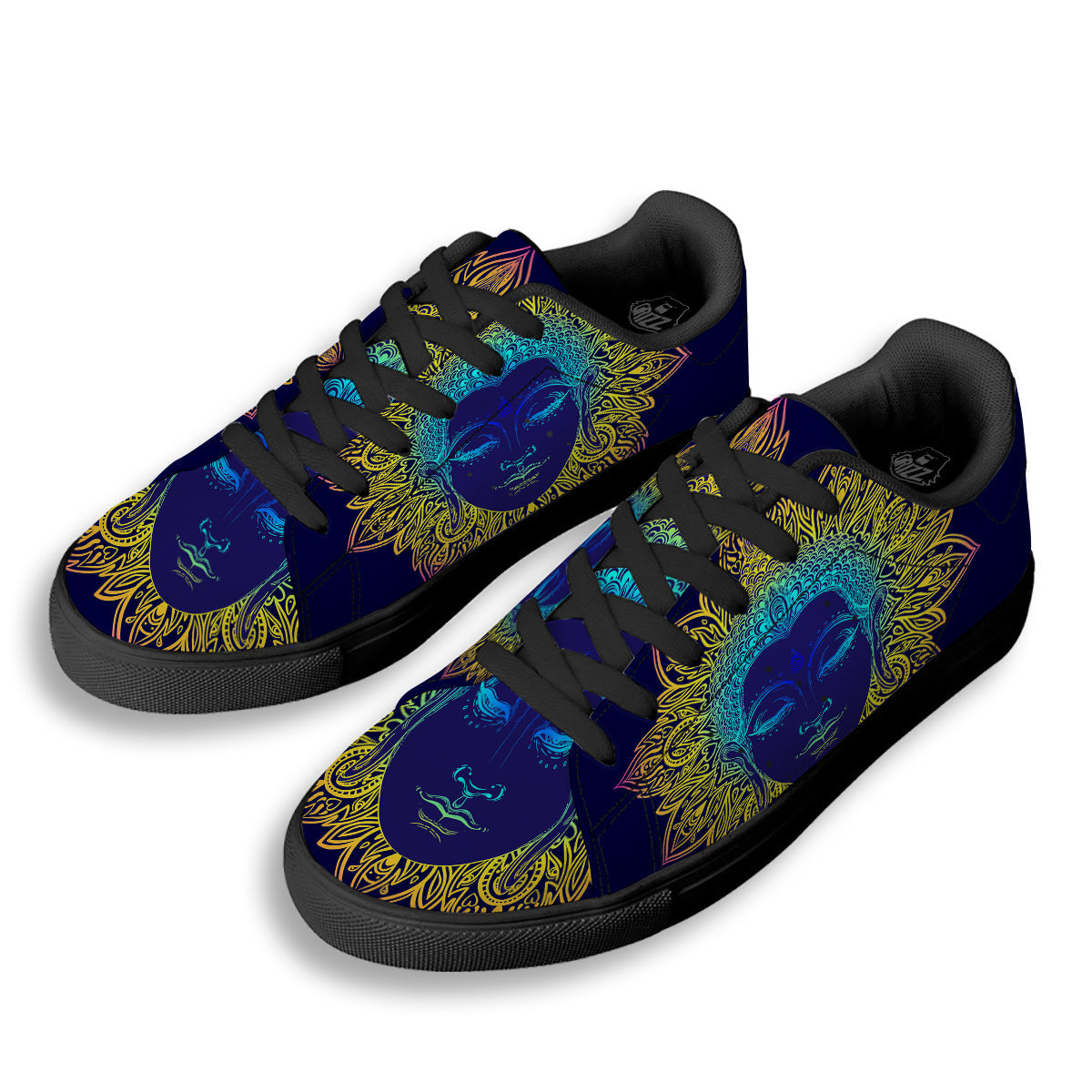 Mandala Buddha Colorful Print Black Low Top Sneakers-grizzshop