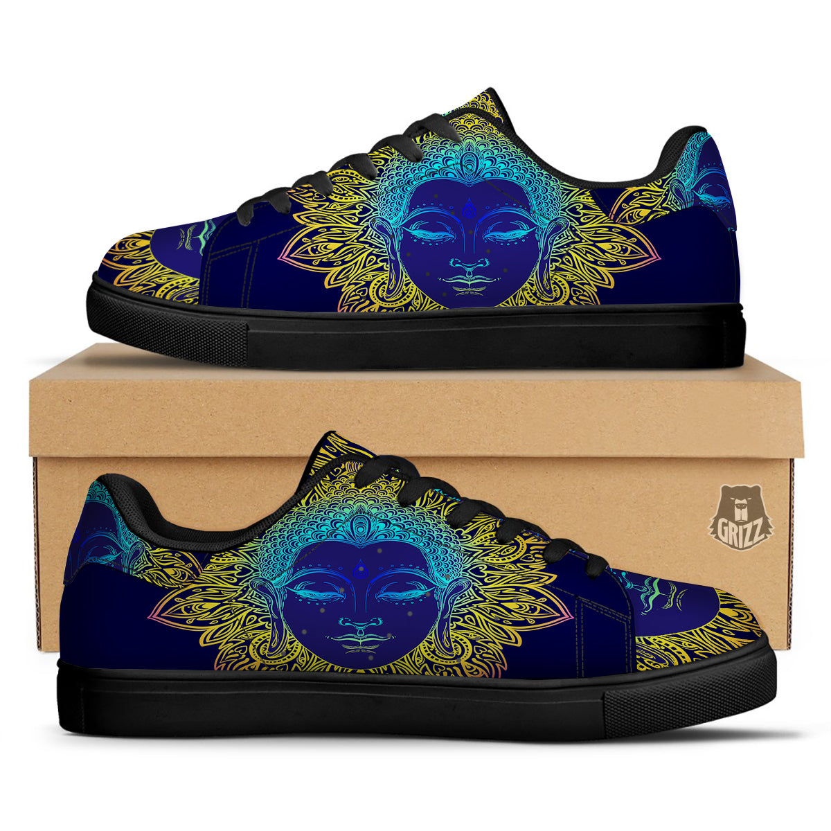 Mandala Buddha Colorful Print Black Low Top Sneakers-grizzshop