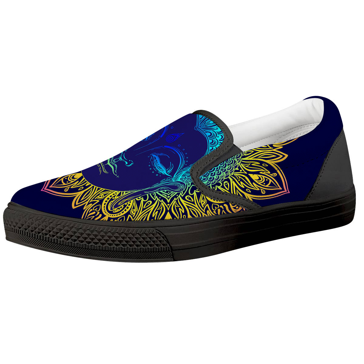 Mandala Buddha Colorful Print Black Slip On Shoes-grizzshop
