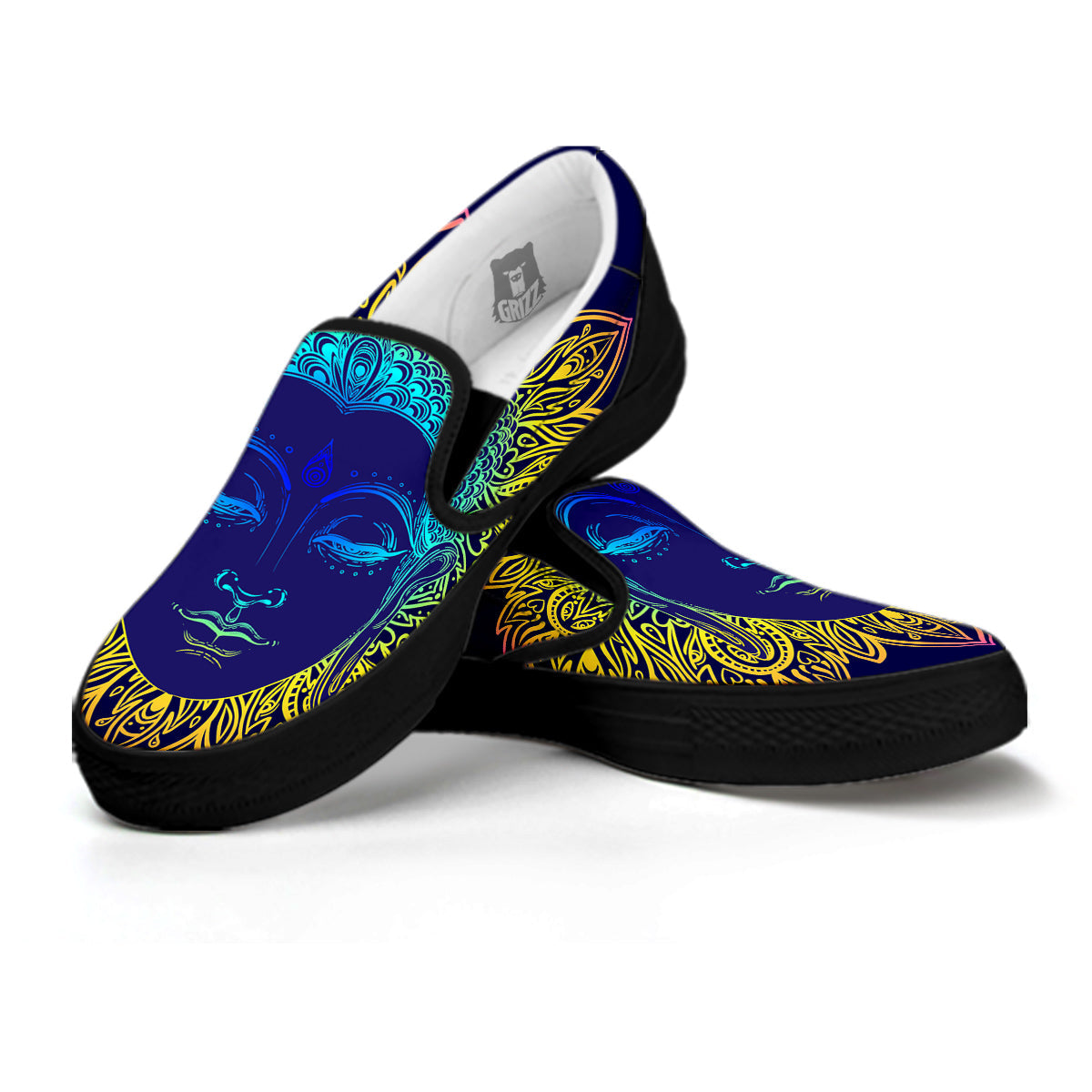 Mandala Buddha Colorful Print Black Slip On Shoes-grizzshop