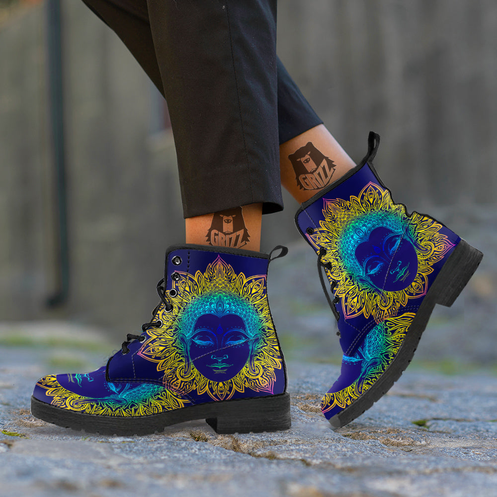 Mandala Buddha Colorful Print Leather Boots-grizzshop