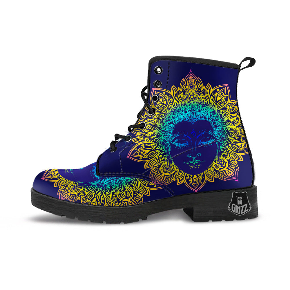 Mandala Buddha Colorful Print Leather Boots-grizzshop