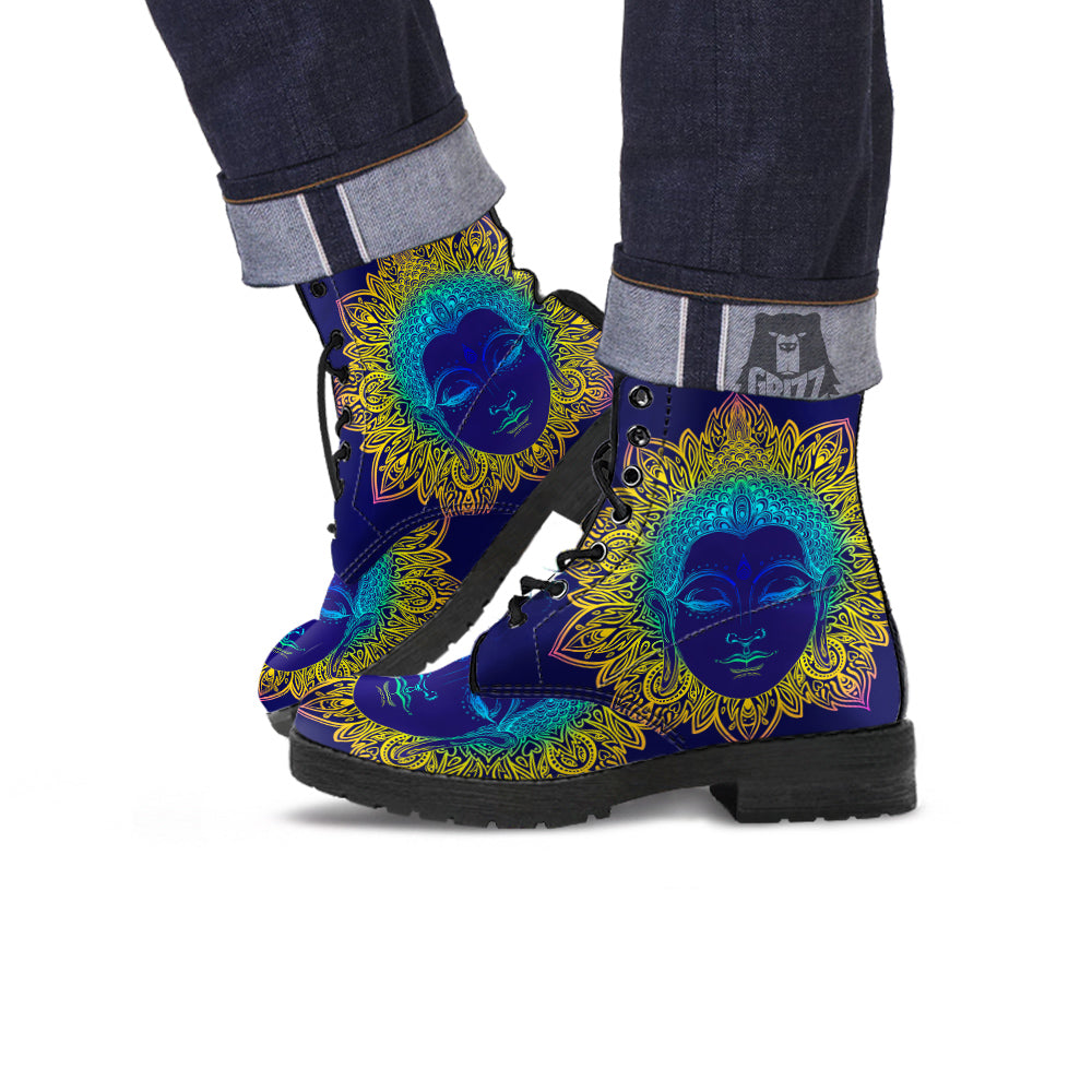 Mandala Buddha Colorful Print Leather Boots-grizzshop