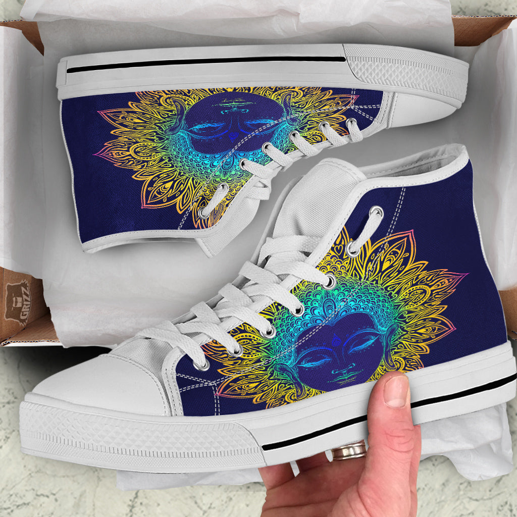 Mandala Buddha Colorful Print White High Top Shoes-grizzshop