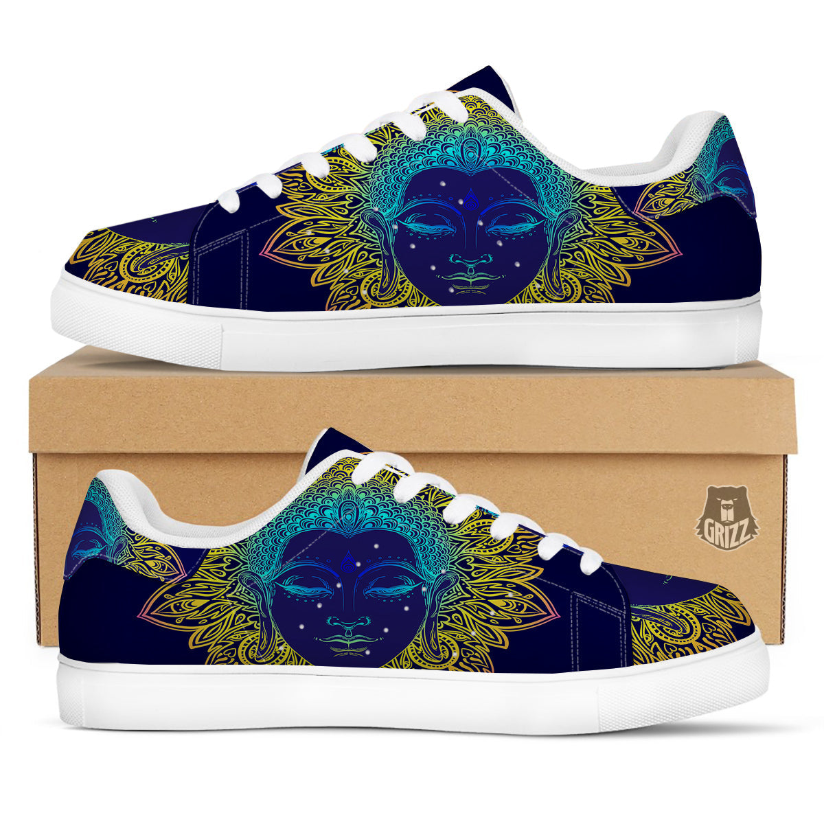 Mandala Buddha Colorful Print White Low Top Sneakers-grizzshop