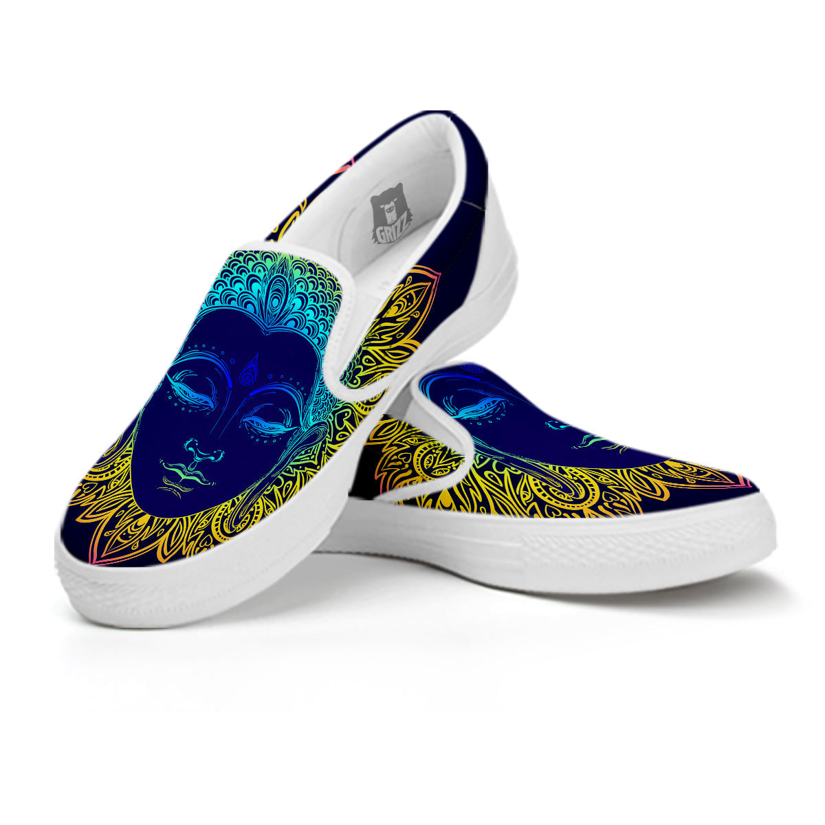 Mandala Buddha Colorful Print White Slip On Shoes-grizzshop