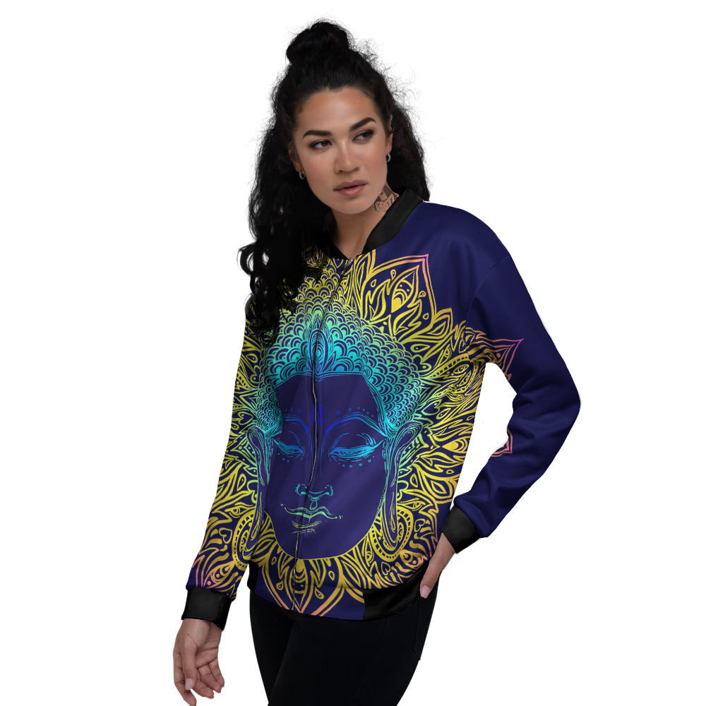 Mandala Buddha Colorful Print Women's Bomber Jacket-grizzshop