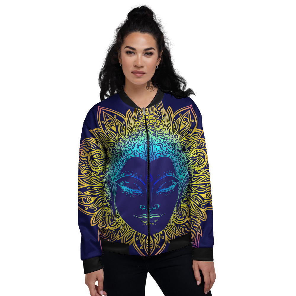 Mandala Buddha Colorful Print Women's Bomber Jacket-grizzshop