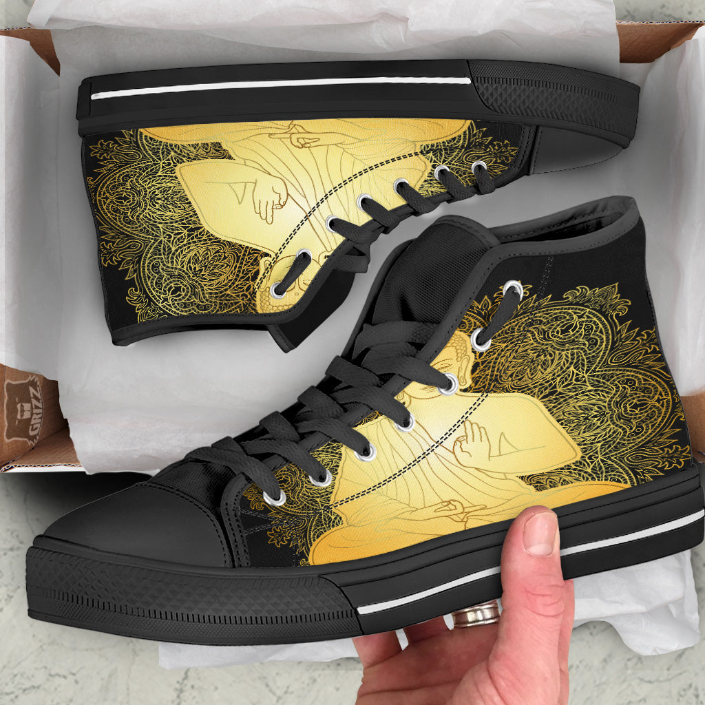 Mandala Buddha Statue Print Black High Top Shoes-grizzshop
