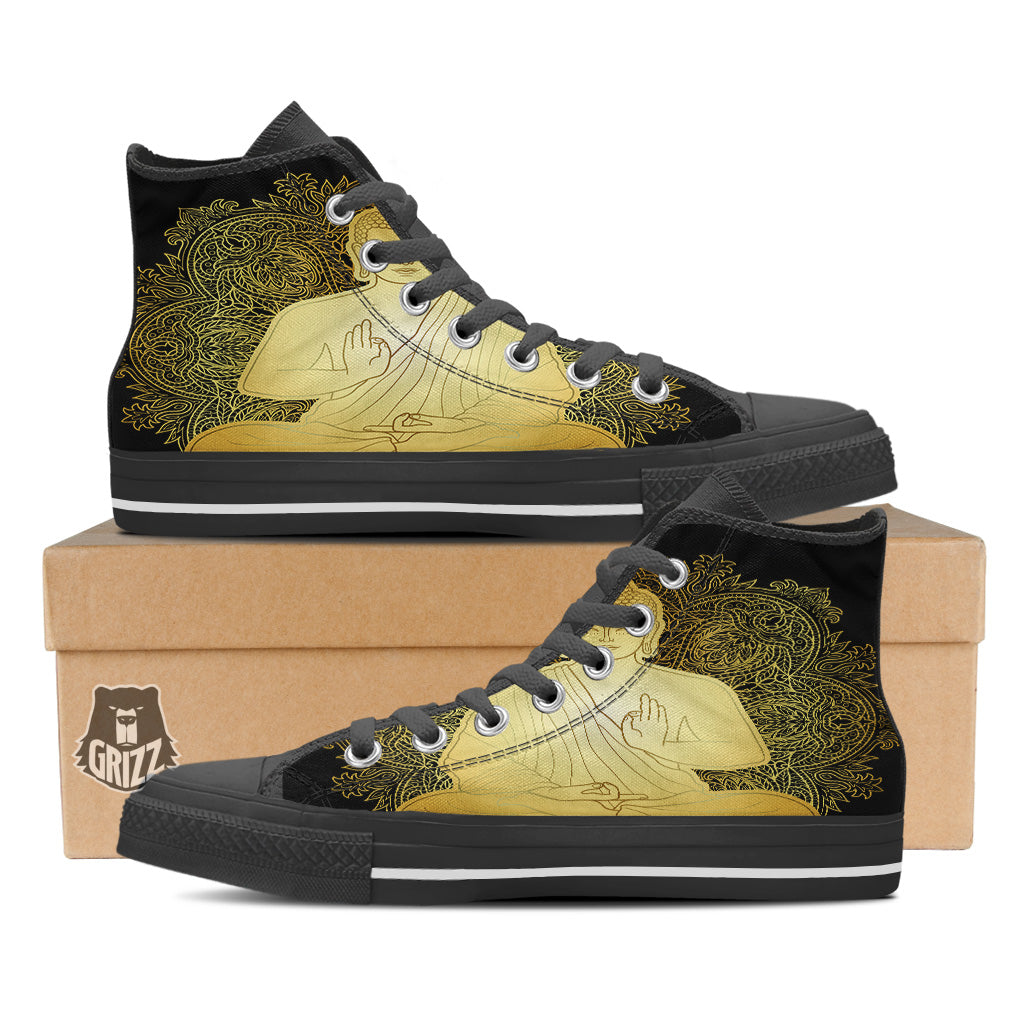 Mandala Buddha Statue Print Black High Top Shoes-grizzshop