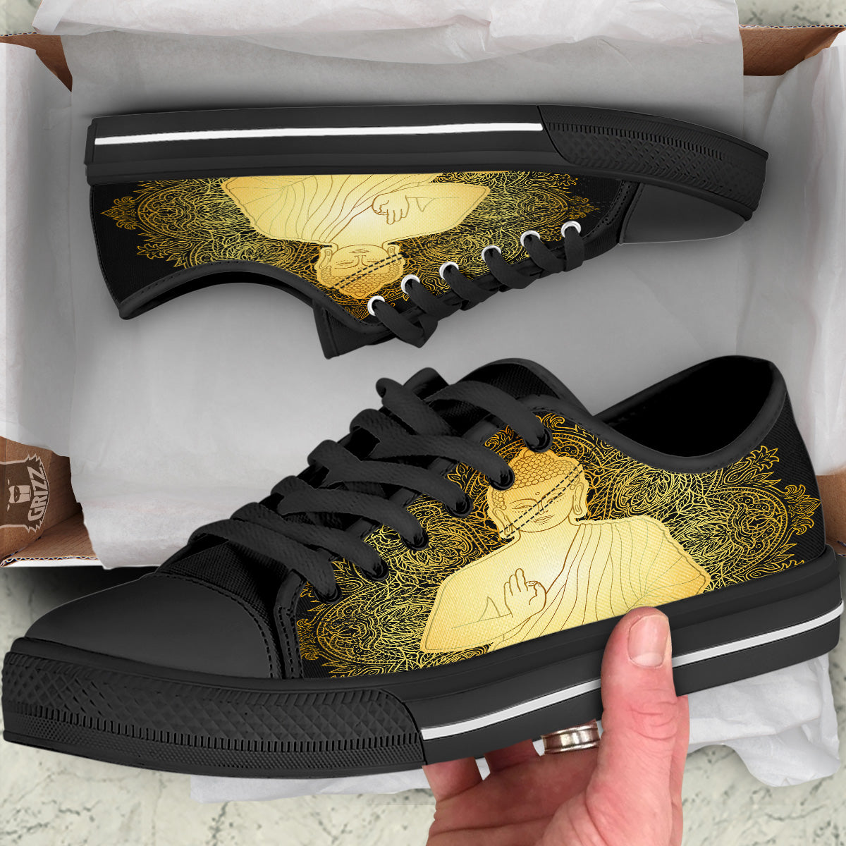 Mandala Buddha Statue Print Black Low Top Shoes-grizzshop