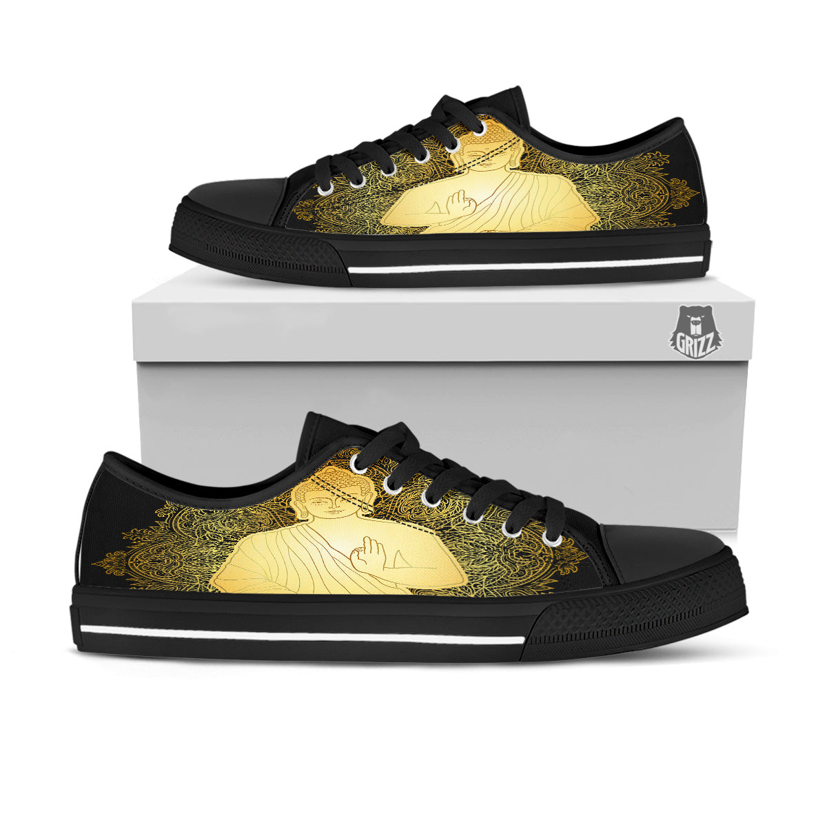 Mandala Buddha Statue Print Black Low Top Shoes-grizzshop