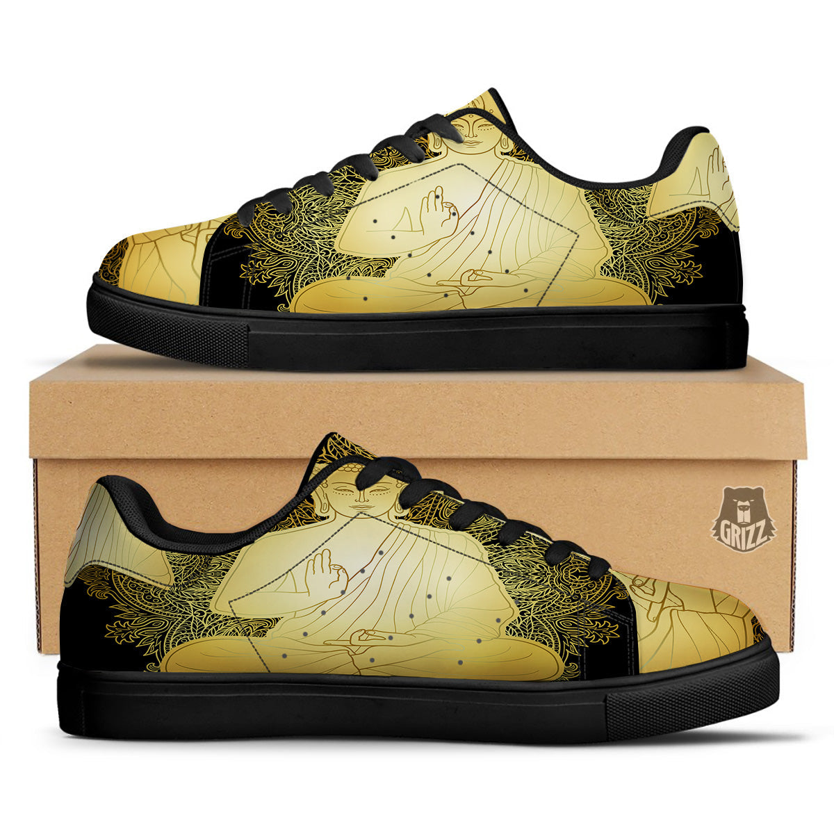 Mandala Buddha Statue Print Black Low Top Sneakers-grizzshop
