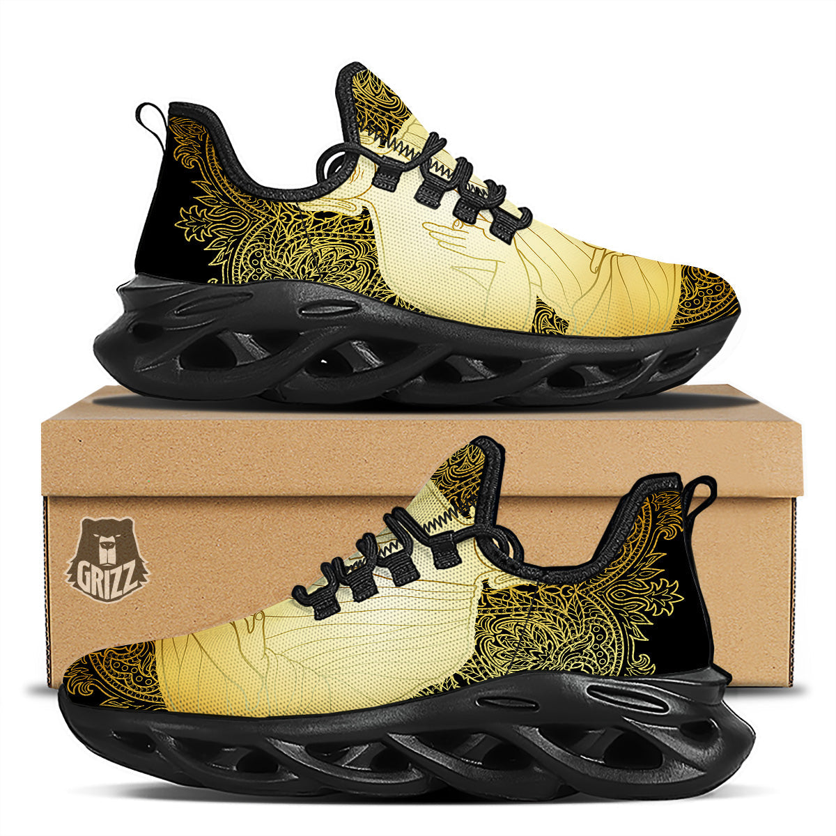 Mandala Buddha Statue Print Black Running Shoes-grizzshop