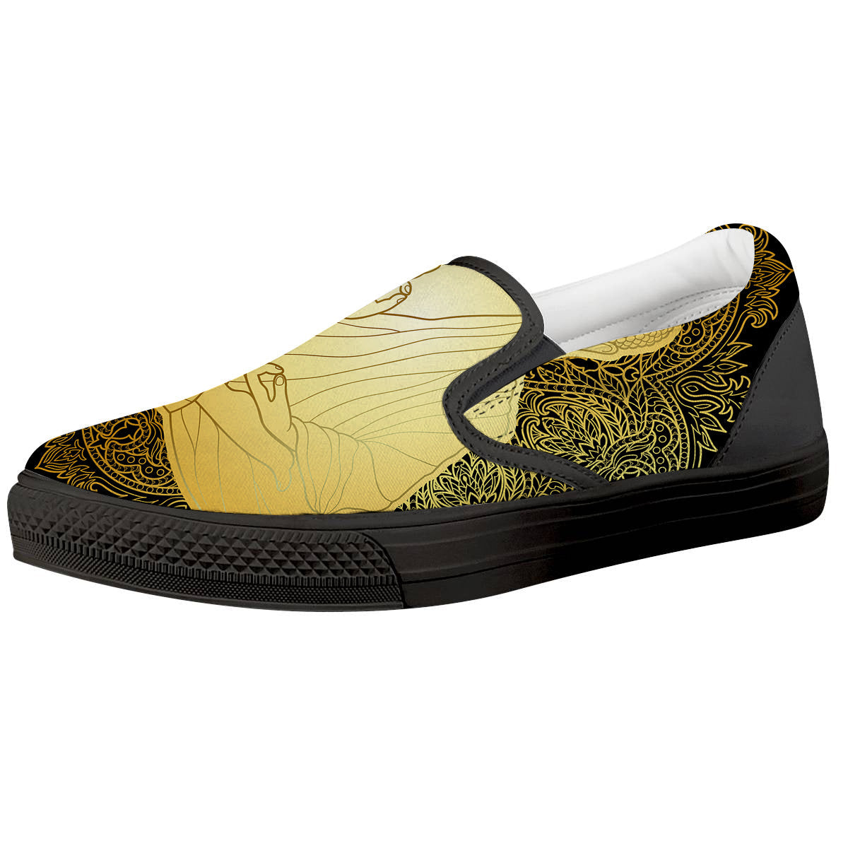 Mandala Buddha Statue Print Black Slip On Shoes-grizzshop
