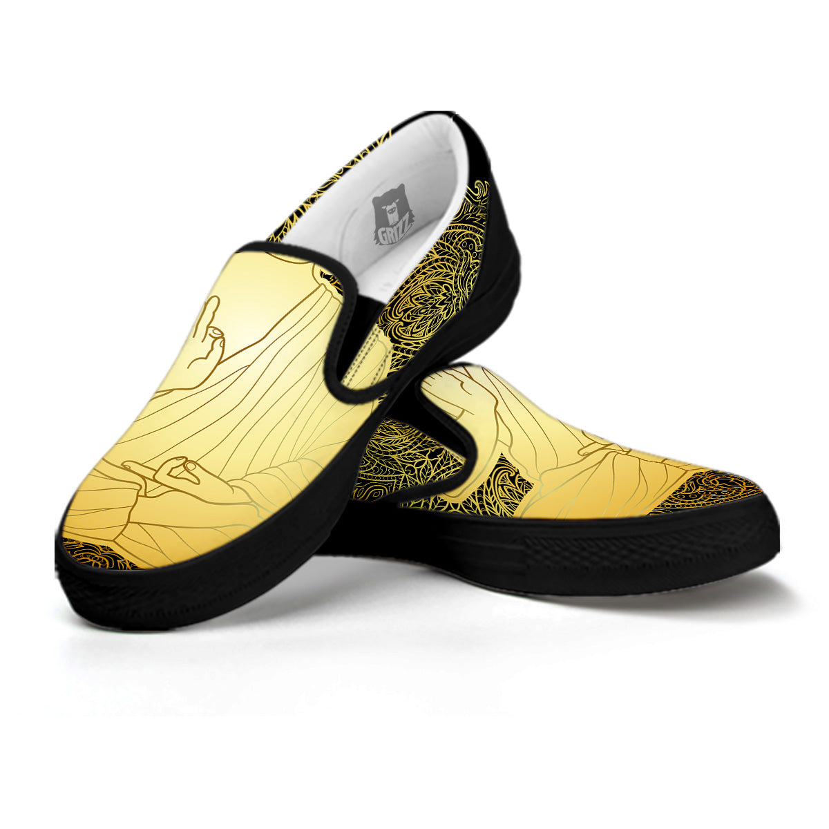 Mandala Buddha Statue Print Black Slip On Shoes-grizzshop