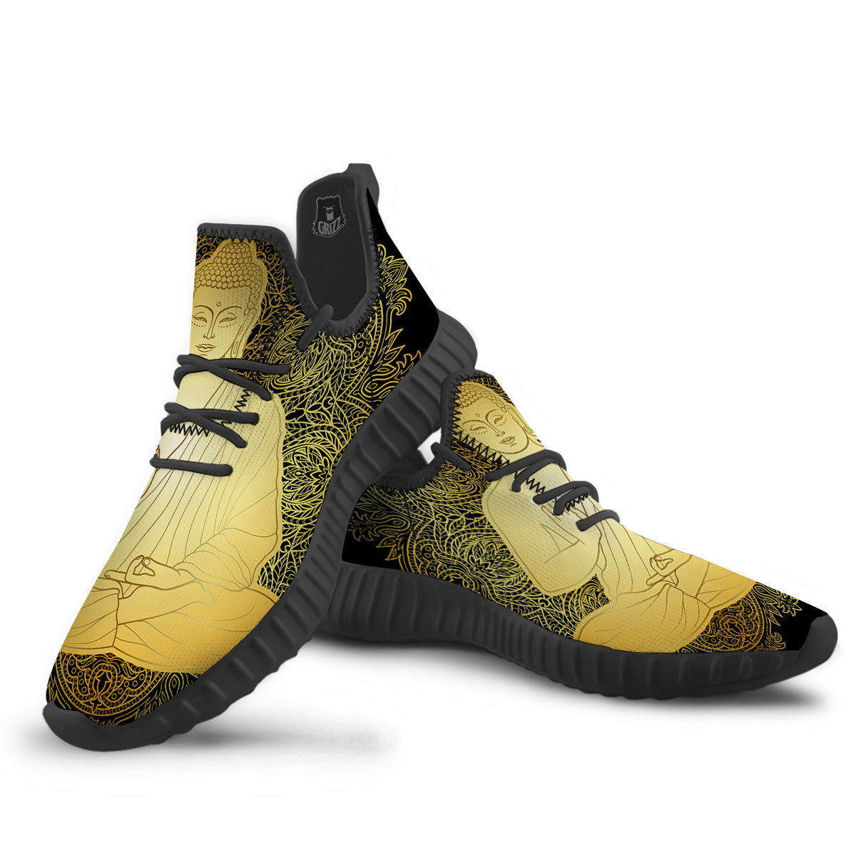 Mandala Buddha Statue Print Black Walking Shoes-grizzshop