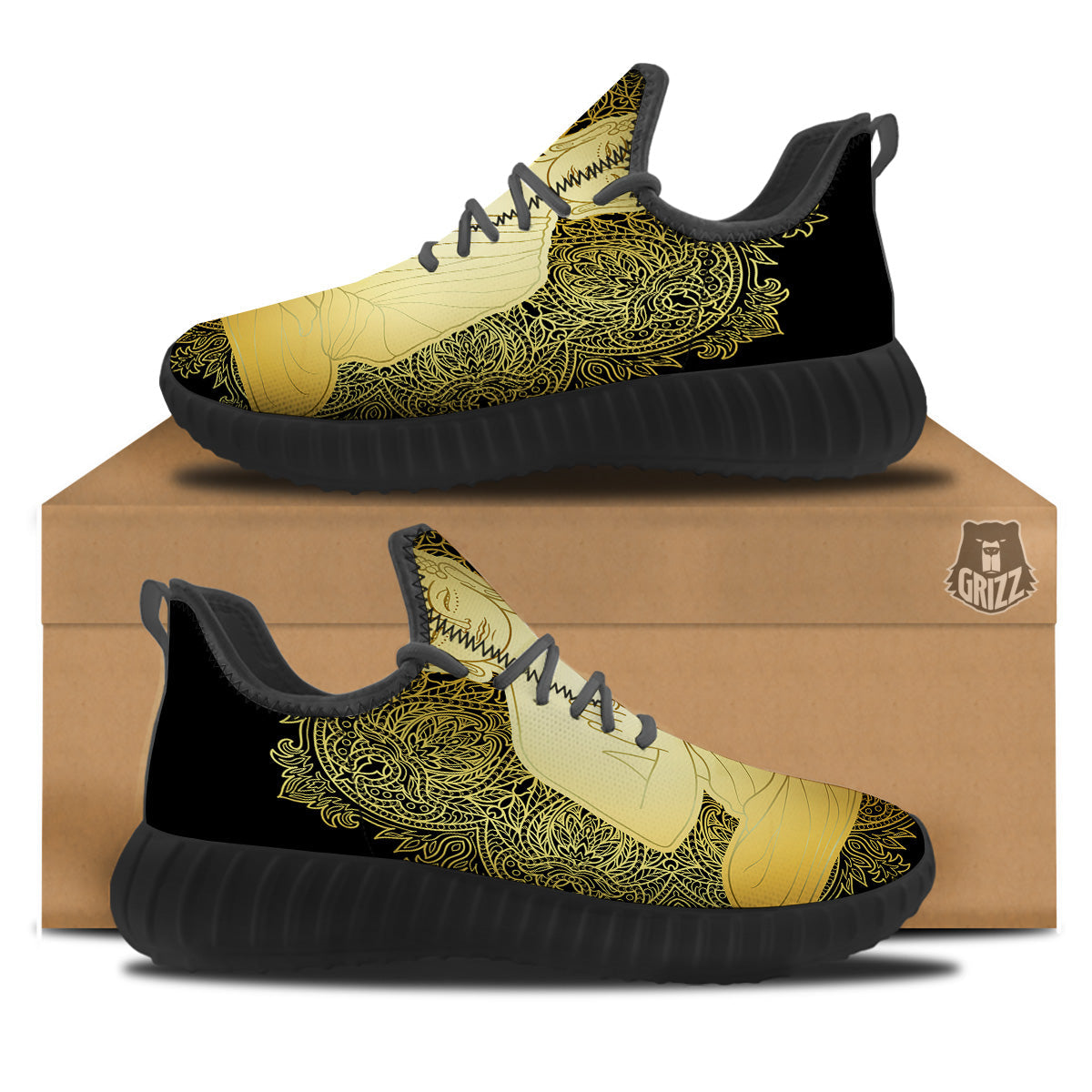 Mandala Buddha Statue Print Black Walking Shoes-grizzshop