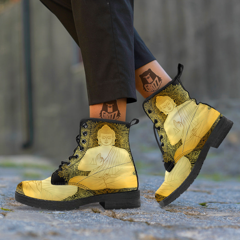 Mandala Buddha Statue Print Leather Boots-grizzshop