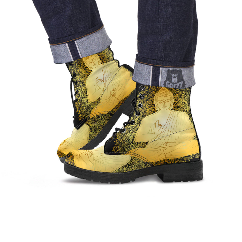 Mandala Buddha Statue Print Leather Boots-grizzshop