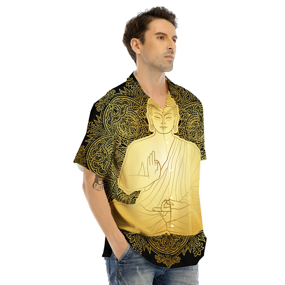 Mandala Buddha Statue Print Men's Hawaiian Shirt-grizzshop