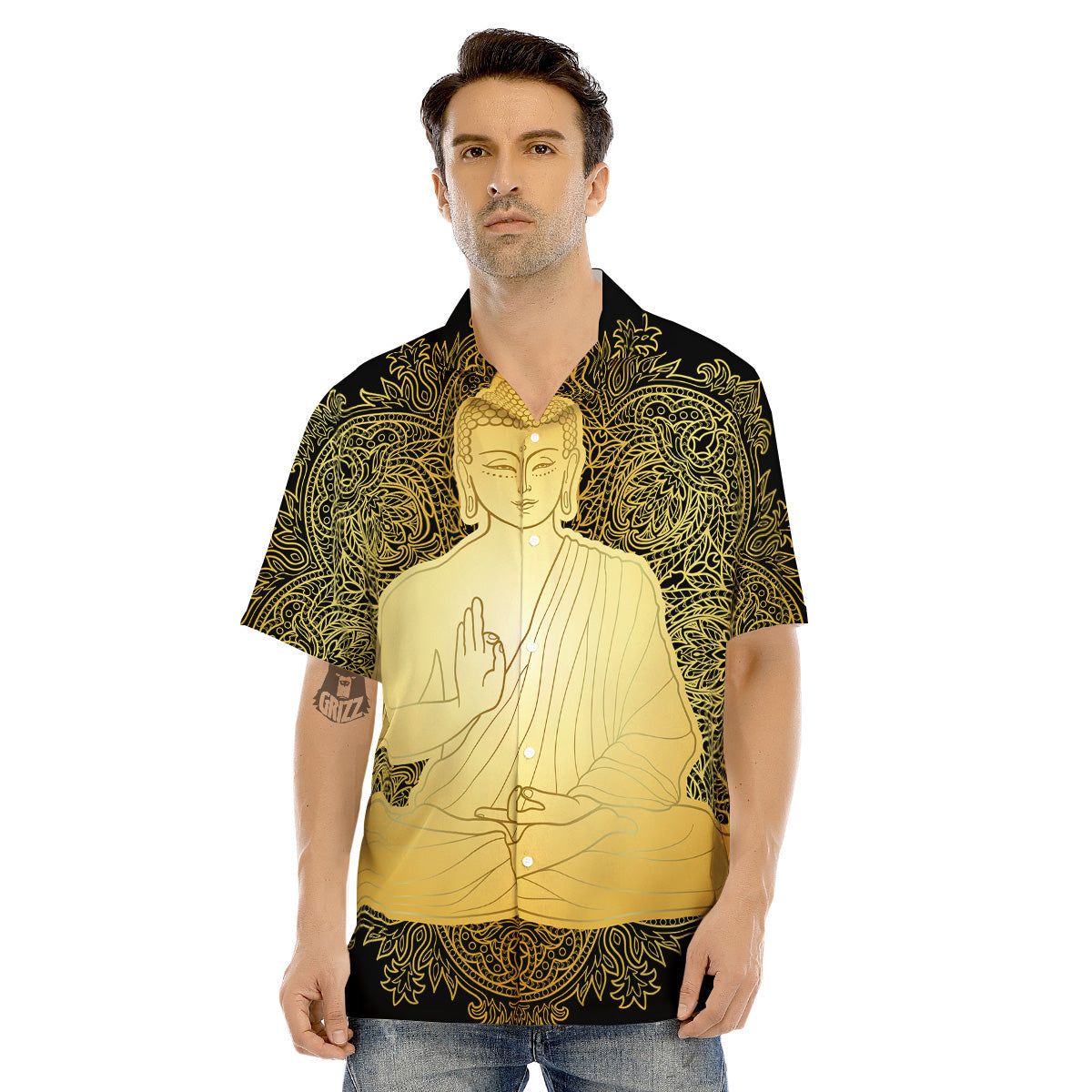 Mandala Buddha Statue Print Men's Hawaiian Shirt-grizzshop