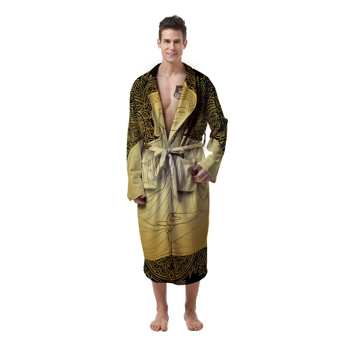 Mandala Buddha Statue Print Men's Robe-grizzshop