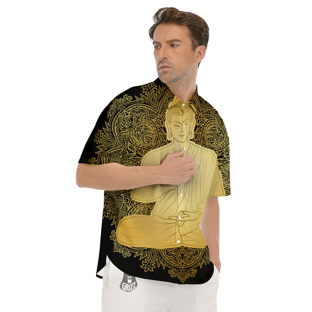 Mandala Buddha Statue Print Men's Short Sleeve Shirts-grizzshop