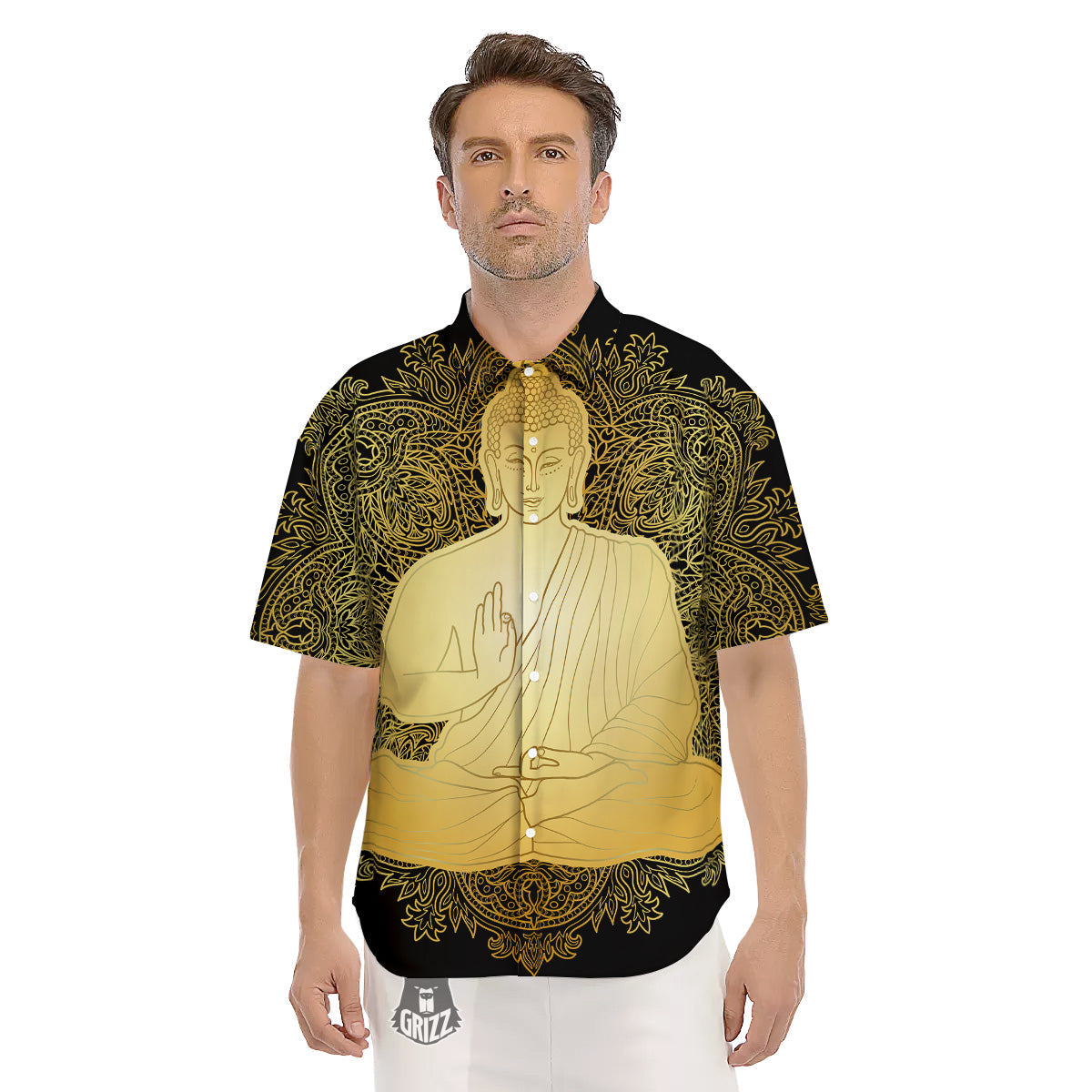 Mandala Buddha Statue Print Men's Short Sleeve Shirts-grizzshop