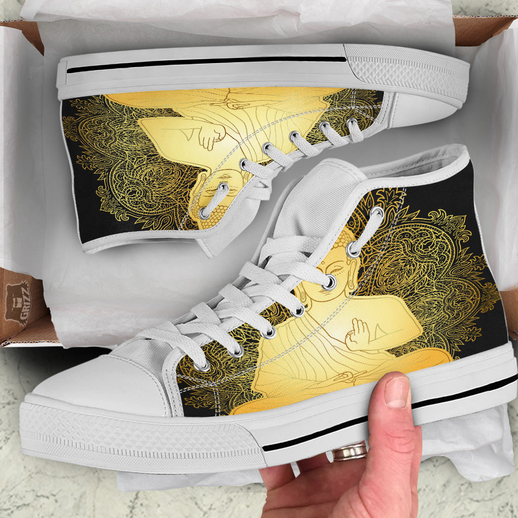 Mandala Buddha Statue Print White High Top Shoes-grizzshop