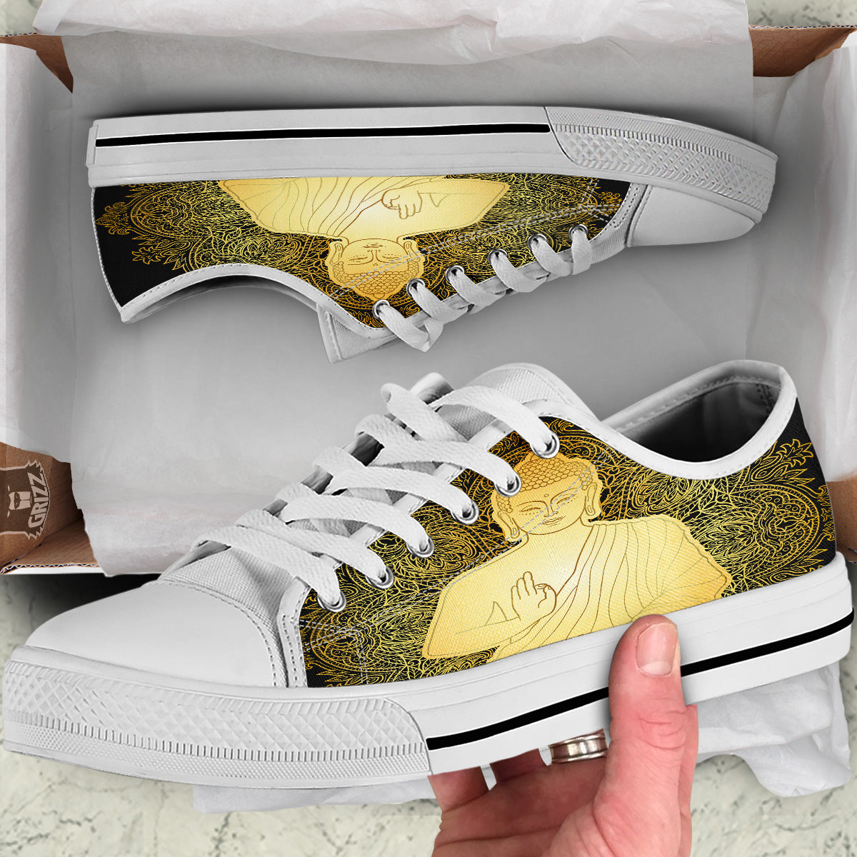 Mandala Buddha Statue Print White Low Top Shoes-grizzshop