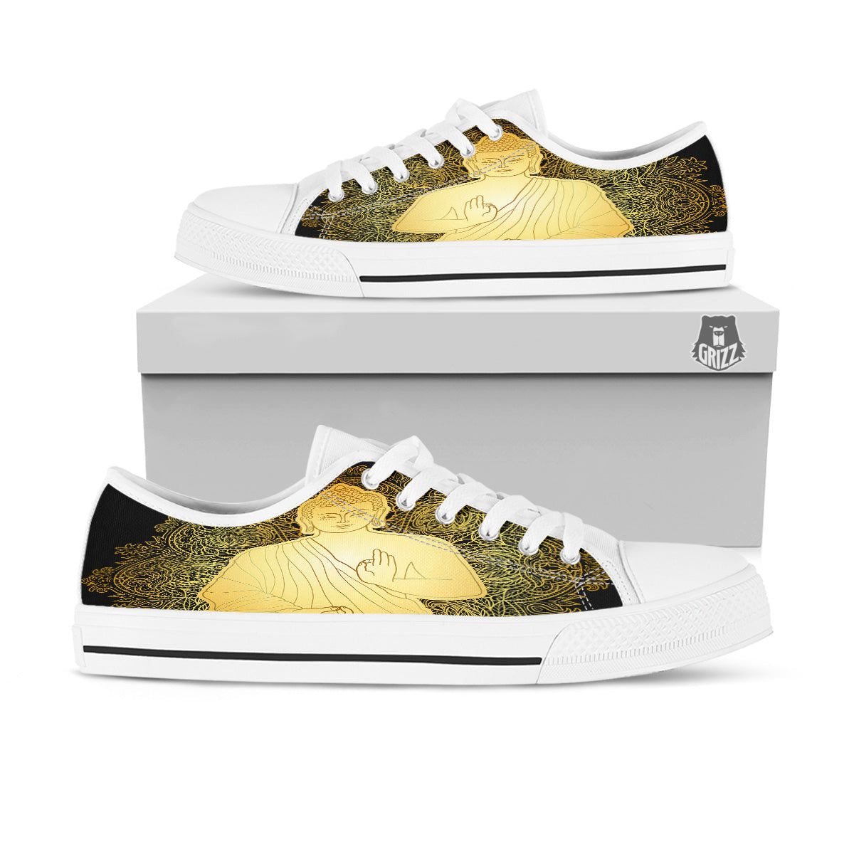 Mandala Buddha Statue Print White Low Top Shoes-grizzshop