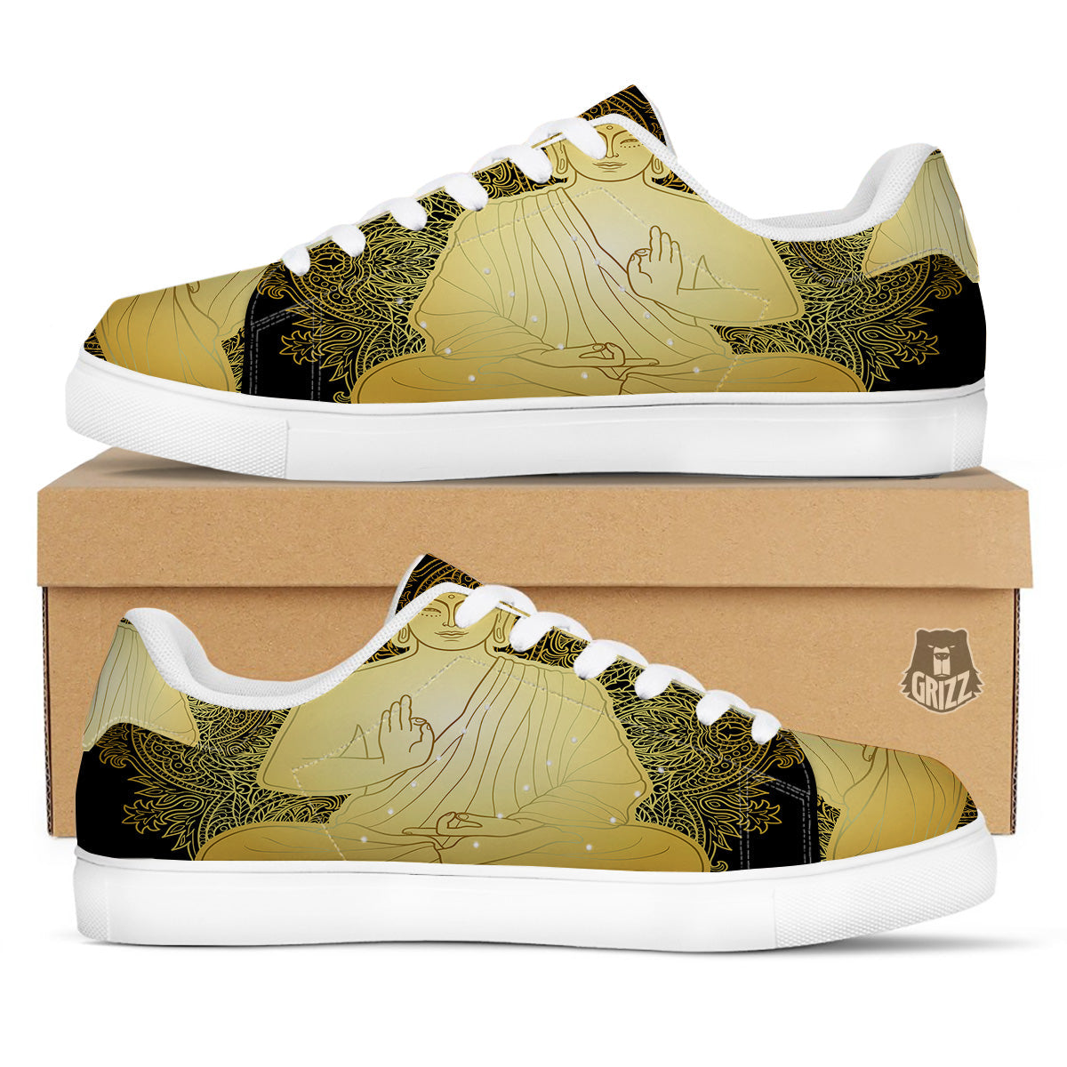 Mandala Buddha Statue Print White Low Top Sneakers-grizzshop