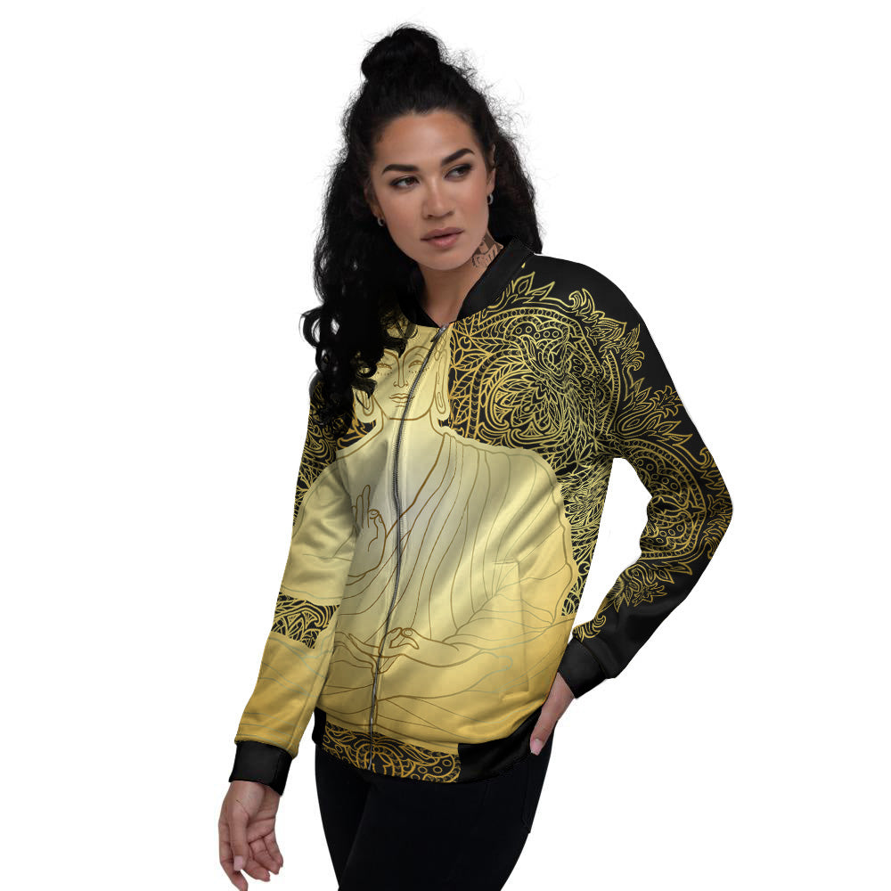 Mandala Buddha Statue Print Women's Bomber Jacket-grizzshop