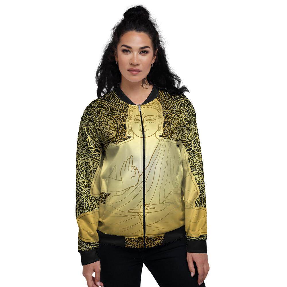 Mandala Buddha Statue Print Women's Bomber Jacket-grizzshop