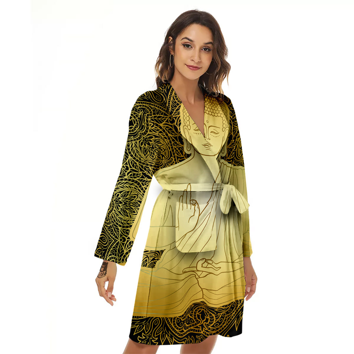 Mandala Buddha Statue Print Women's Robe-grizzshop