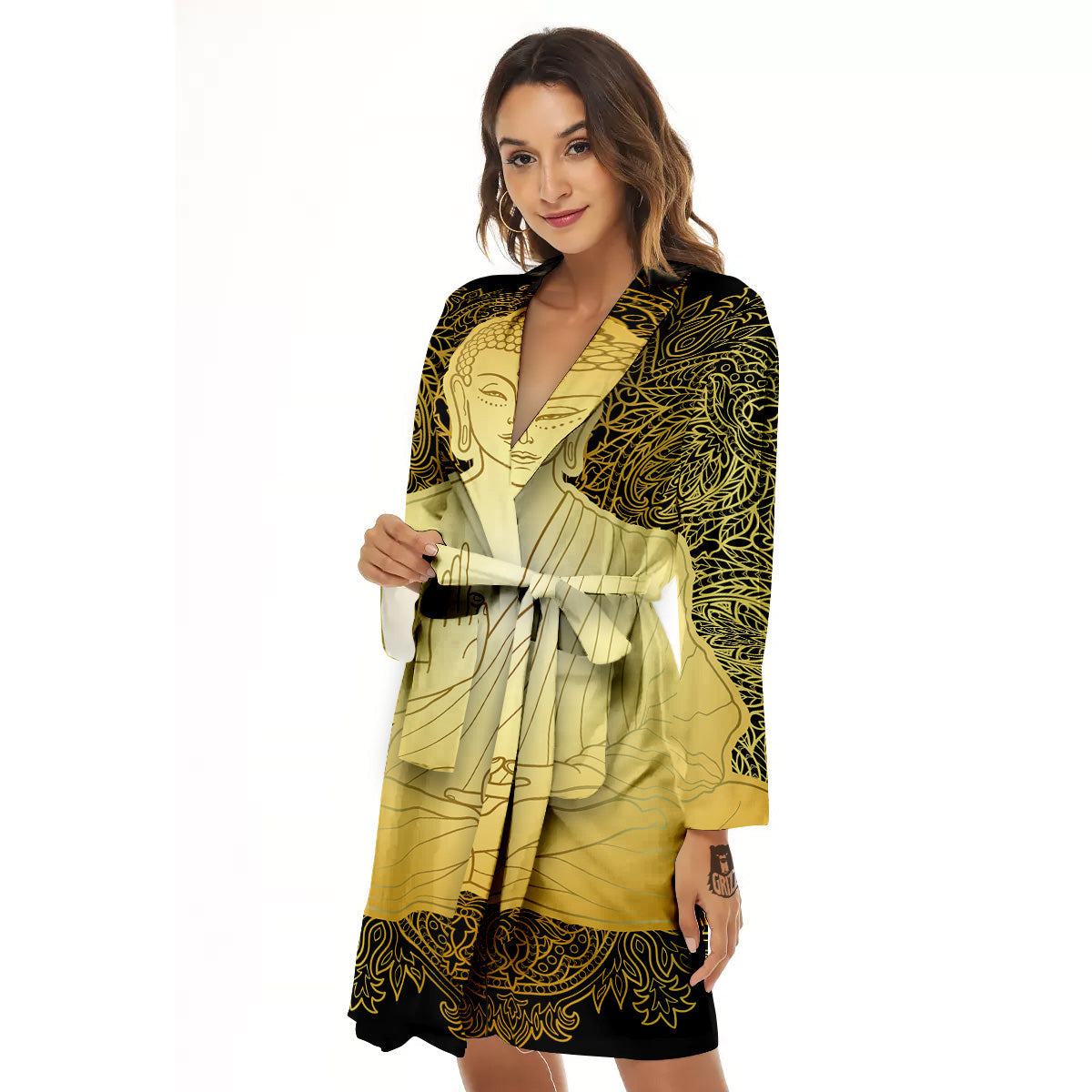 Mandala Buddha Statue Print Women's Robe-grizzshop