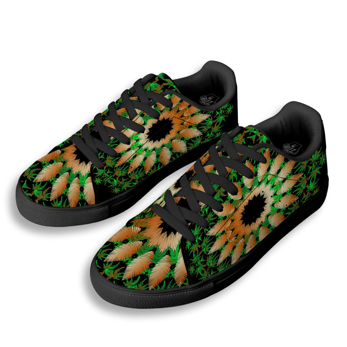 Mandala Cannabis Leaf Print Black Low Top Sneakers-grizzshop